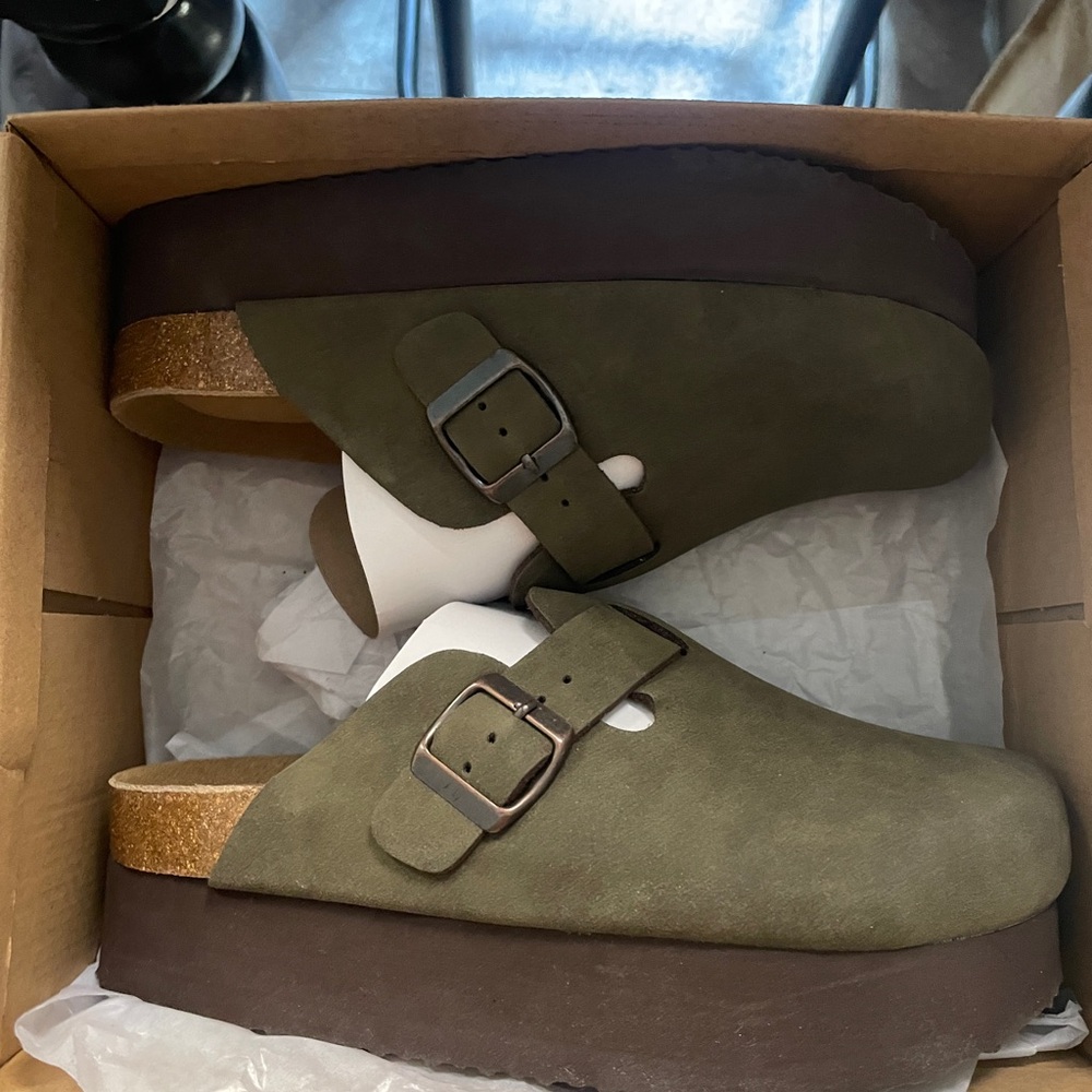 Olive Green Mules with Buckle Detail